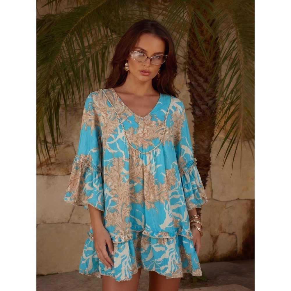 Modaposa Turquoise Tan Bohemian Boho Cotton Bell Sleeve Ruffle Mini Dress Sz S
